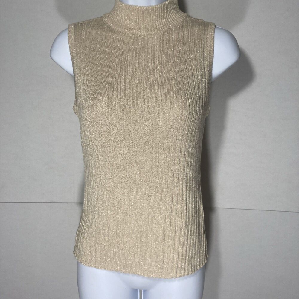 CHRISTOPHER AND BANKS tan shimmer mock neck sleeveless ribbed knit sweater top S
